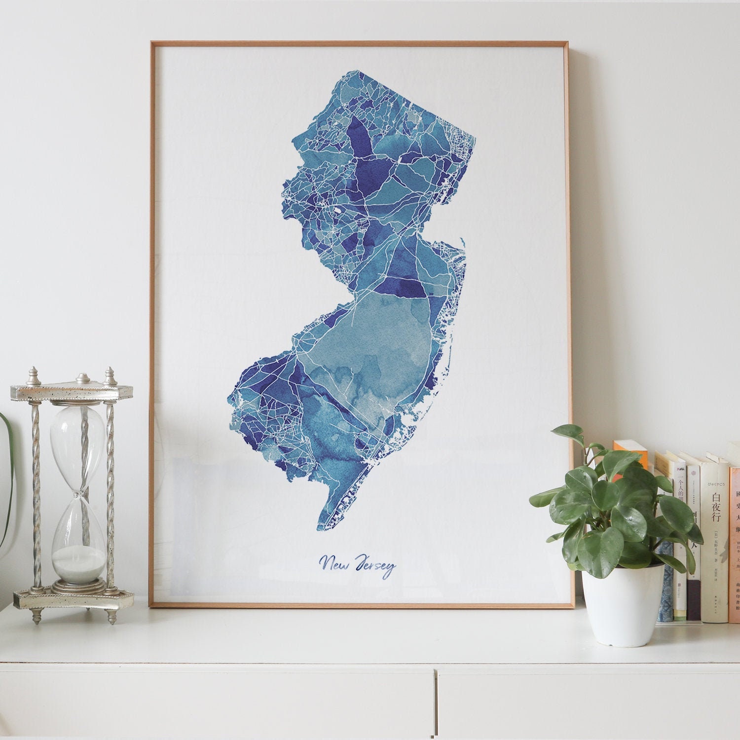 Nj On Us Map New Jersey State Road Map Print, Watercolor Blue Painting Print Of Nj Usa  United States Us Map Wall Art Decor Framed Poster, Map Gifts - Mg Global